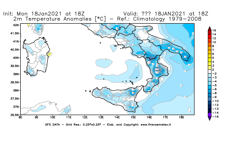 Mappa di analisi GFS - Anomalia Temperatura [°C] a 2 m in Sud-Italia
									del 18/01/2021 18 <!--googleoff: index-->UTC<!--googleon: index-->