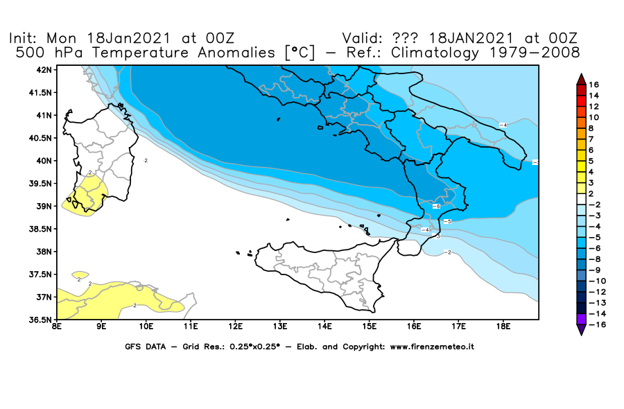 Mappa di analisi GFS - Anomalia Temperatura [°C] a 500 hPa in Sud-Italia
									del 18/01/2021 00 <!--googleoff: index-->UTC<!--googleon: index-->