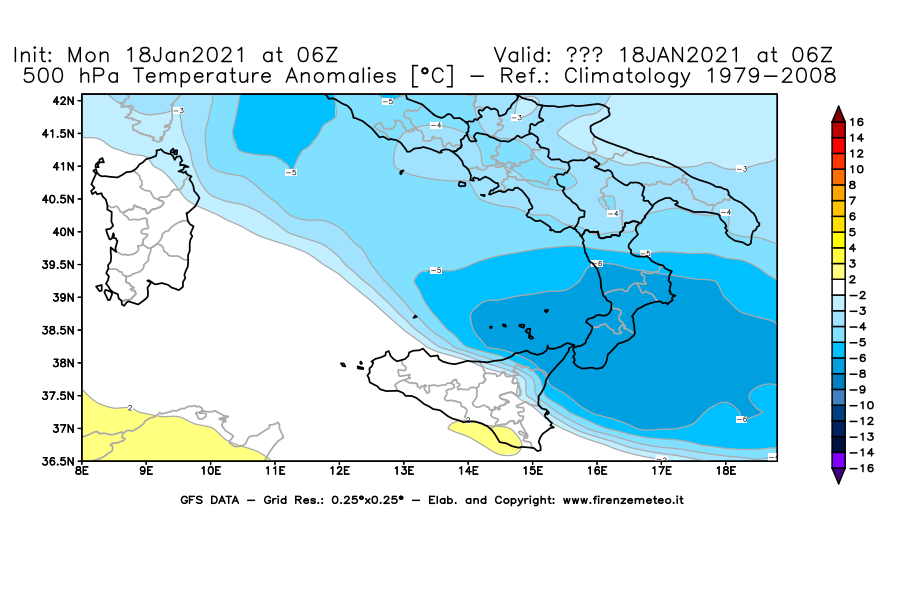 Mappa di analisi GFS - Anomalia Temperatura [°C] a 500 hPa in Sud-Italia
									del 18/01/2021 06 <!--googleoff: index-->UTC<!--googleon: index-->
