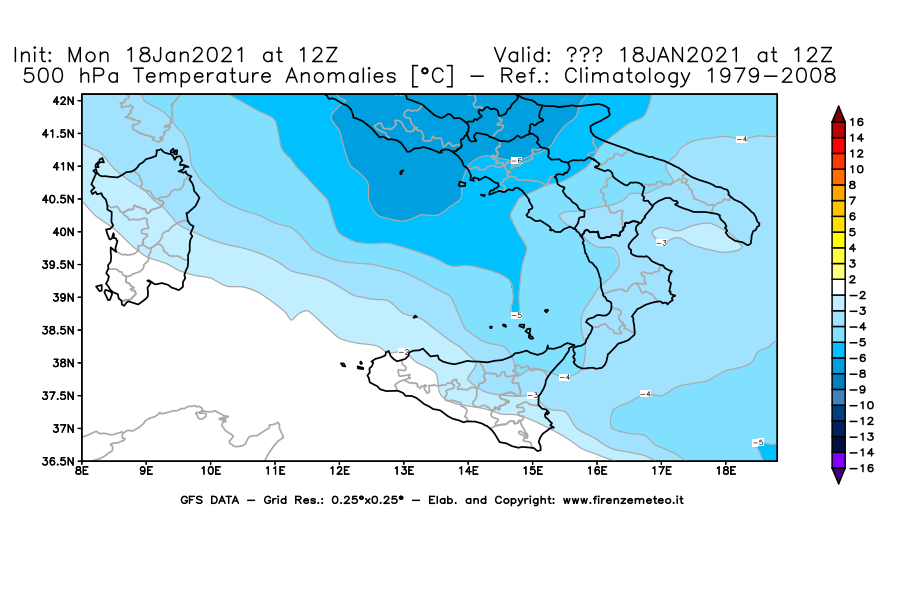 Mappa di analisi GFS - Anomalia Temperatura [°C] a 500 hPa in Sud-Italia
									del 18/01/2021 12 <!--googleoff: index-->UTC<!--googleon: index-->