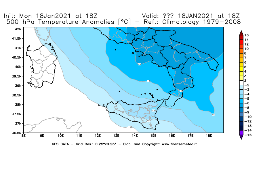 Mappa di analisi GFS - Anomalia Temperatura [°C] a 500 hPa in Sud-Italia
									del 18/01/2021 18 <!--googleoff: index-->UTC<!--googleon: index-->