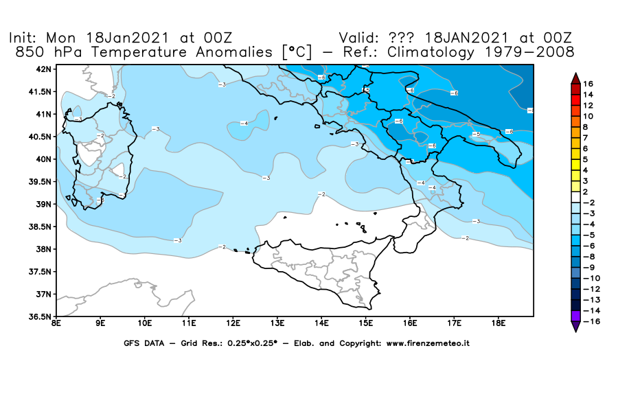 Mappa di analisi GFS - Anomalia Temperatura [°C] a 850 hPa in Sud-Italia
									del 18/01/2021 00 <!--googleoff: index-->UTC<!--googleon: index-->