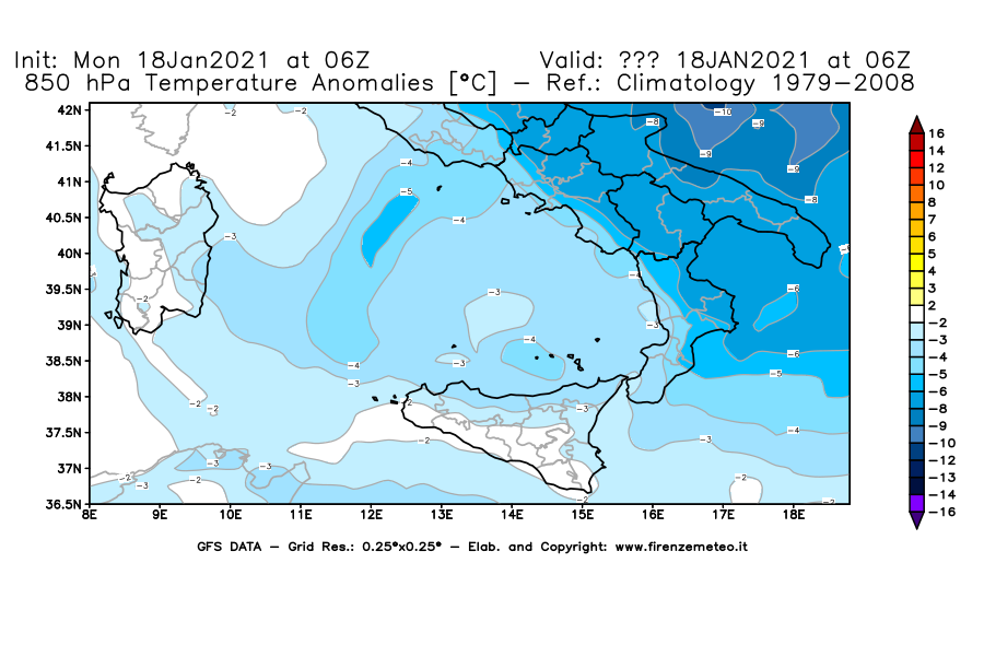 Mappa di analisi GFS - Anomalia Temperatura [°C] a 850 hPa in Sud-Italia
									del 18/01/2021 06 <!--googleoff: index-->UTC<!--googleon: index-->