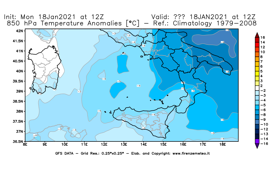 Mappa di analisi GFS - Anomalia Temperatura [°C] a 850 hPa in Sud-Italia
									del 18/01/2021 12 <!--googleoff: index-->UTC<!--googleon: index-->