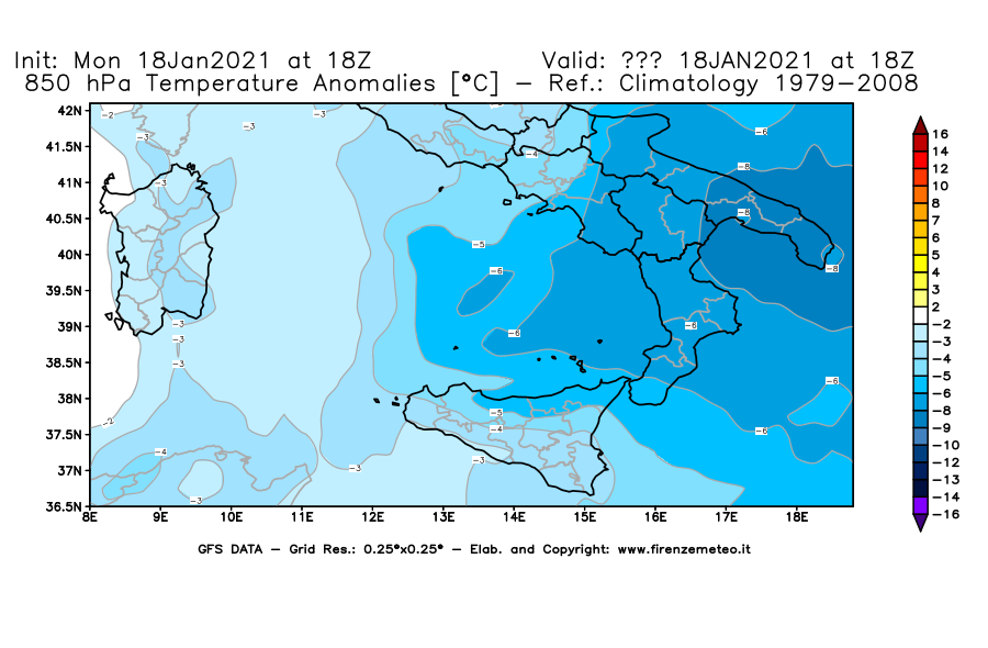 Mappa di analisi GFS - Anomalia Temperatura [°C] a 850 hPa in Sud-Italia
									del 18/01/2021 18 <!--googleoff: index-->UTC<!--googleon: index-->