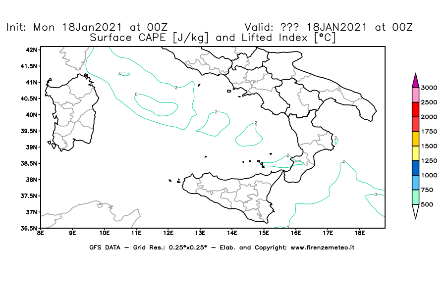 Mappa di analisi GFS - CAPE [J/kg] e Lifted Index [°C] in Sud-Italia
									del 18/01/2021 00 <!--googleoff: index-->UTC<!--googleon: index-->