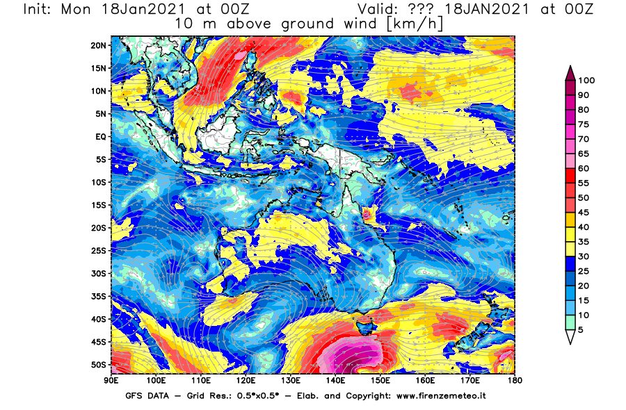 Mappa di analisi GFS - Velocità del vento a 10 metri dal suolo [km/h] in Oceania
									del 18/01/2021 00 <!--googleoff: index-->UTC<!--googleon: index-->