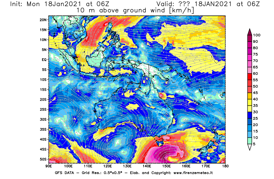 Mappa di analisi GFS - Velocità del vento a 10 metri dal suolo [km/h] in Oceania
									del 18/01/2021 06 <!--googleoff: index-->UTC<!--googleon: index-->