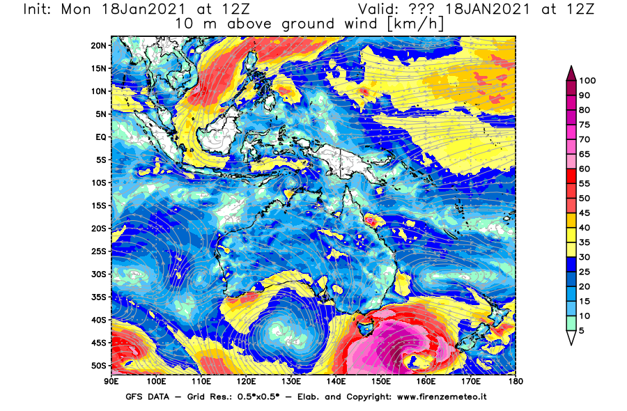 Mappa di analisi GFS - Velocità del vento a 10 metri dal suolo [km/h] in Oceania
									del 18/01/2021 12 <!--googleoff: index-->UTC<!--googleon: index-->
