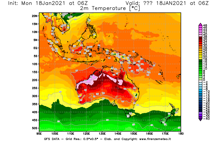 Mappa di analisi GFS - Temperatura a 2 metri dal suolo [°C] in Oceania
									del 18/01/2021 06 <!--googleoff: index-->UTC<!--googleon: index-->