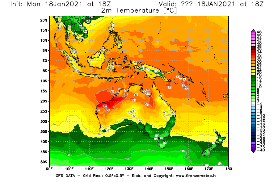 Mappa di analisi GFS - Temperatura a 2 metri dal suolo [°C] in Oceania
									del 18/01/2021 18 <!--googleoff: index-->UTC<!--googleon: index-->