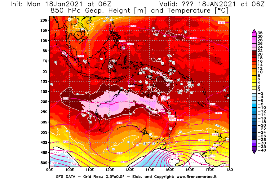 Mappa di analisi GFS - Geopotenziale [m] e Temperatura [°C] a 850 hPa in Oceania
									del 18/01/2021 06 <!--googleoff: index-->UTC<!--googleon: index-->