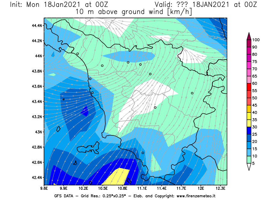 Mappa di analisi GFS - Velocità del vento a 10 metri dal suolo [km/h] in Toscana
									del 18/01/2021 00 <!--googleoff: index-->UTC<!--googleon: index-->