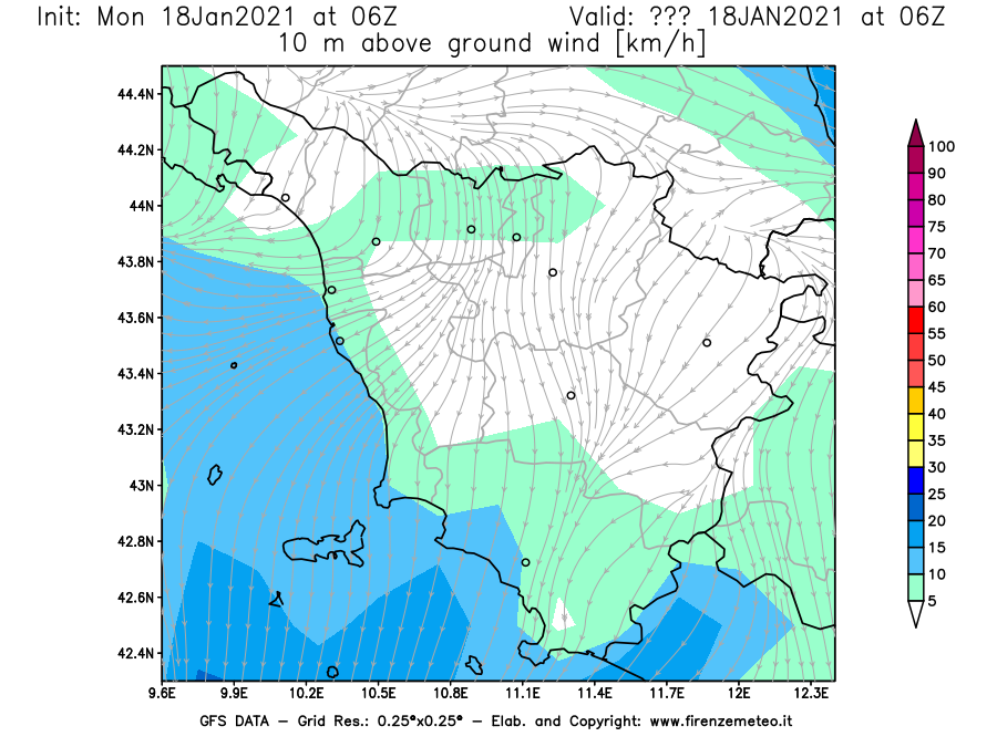 Mappa di analisi GFS - Velocità del vento a 10 metri dal suolo [km/h] in Toscana
									del 18/01/2021 06 <!--googleoff: index-->UTC<!--googleon: index-->