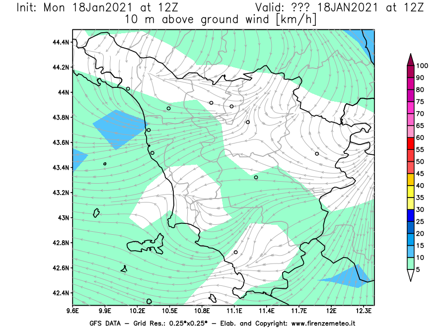 Mappa di analisi GFS - Velocità del vento a 10 metri dal suolo [km/h] in Toscana
									del 18/01/2021 12 <!--googleoff: index-->UTC<!--googleon: index-->