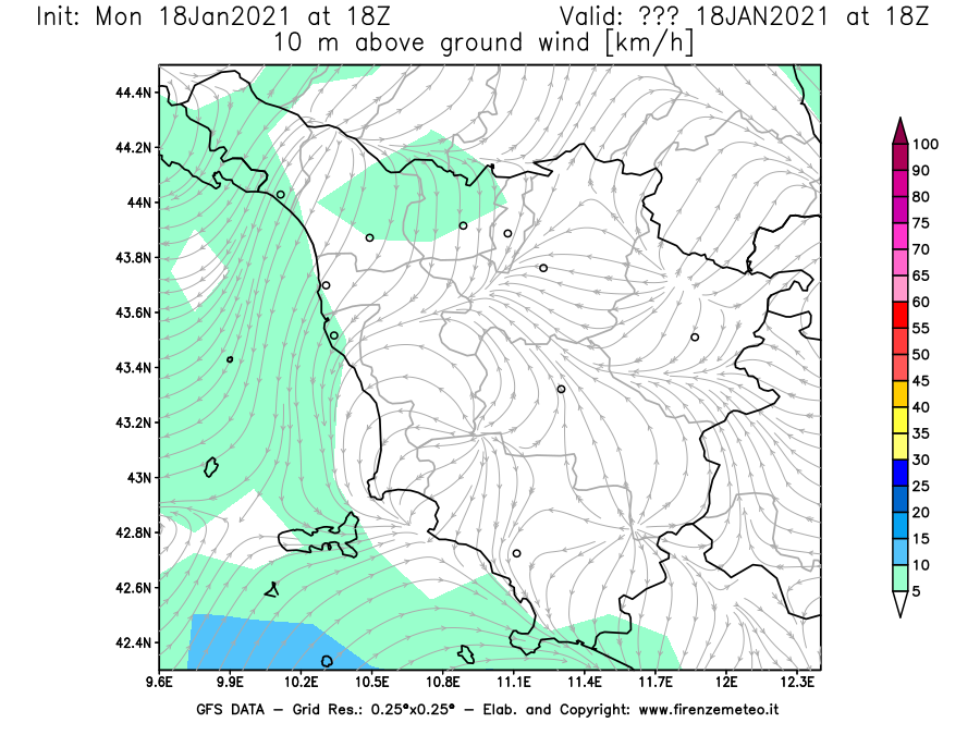 Mappa di analisi GFS - Velocità del vento a 10 metri dal suolo [km/h] in Toscana
									del 18/01/2021 18 <!--googleoff: index-->UTC<!--googleon: index-->