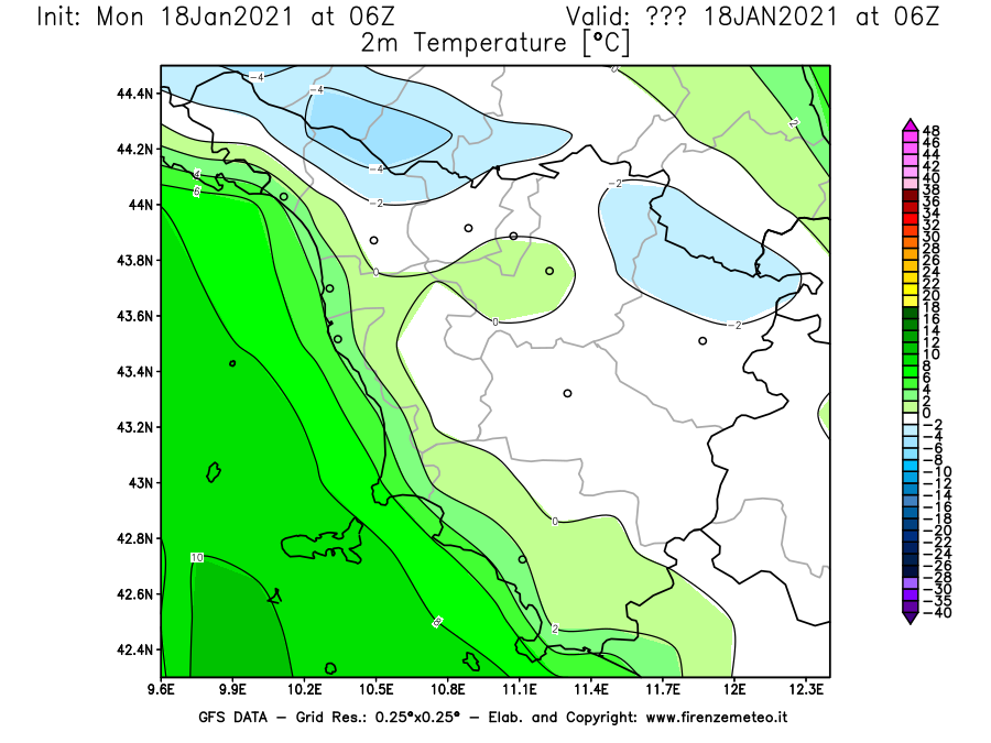 Mappa di analisi GFS - Temperatura a 2 metri dal suolo [°C] in Toscana
									del 18/01/2021 06 <!--googleoff: index-->UTC<!--googleon: index-->