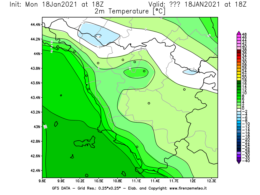 Mappa di analisi GFS - Temperatura a 2 metri dal suolo [°C] in Toscana
									del 18/01/2021 18 <!--googleoff: index-->UTC<!--googleon: index-->
