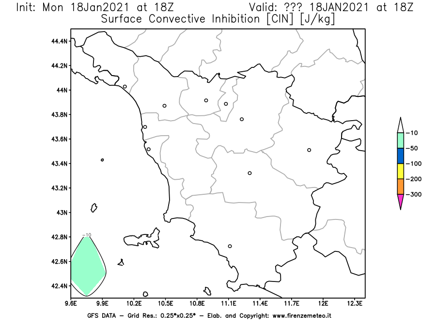 Mappa di analisi GFS - CIN [J/kg] in Toscana
									del 18/01/2021 18 <!--googleoff: index-->UTC<!--googleon: index-->