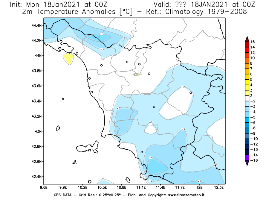 Mappa di analisi GFS - Anomalia Temperatura [°C] a 2 m in Toscana
									del 18/01/2021 00 <!--googleoff: index-->UTC<!--googleon: index-->