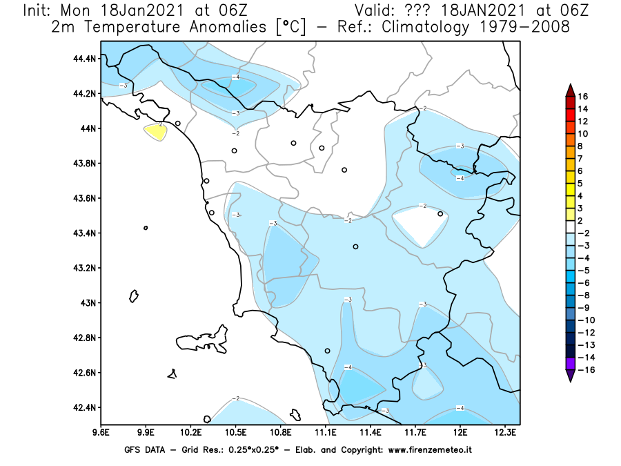 Mappa di analisi GFS - Anomalia Temperatura [°C] a 2 m in Toscana
									del 18/01/2021 06 <!--googleoff: index-->UTC<!--googleon: index-->