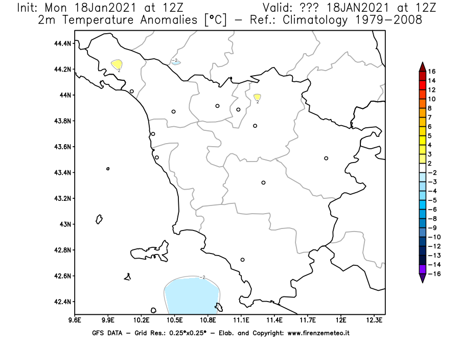 Mappa di analisi GFS - Anomalia Temperatura [°C] a 2 m in Toscana
									del 18/01/2021 12 <!--googleoff: index-->UTC<!--googleon: index-->