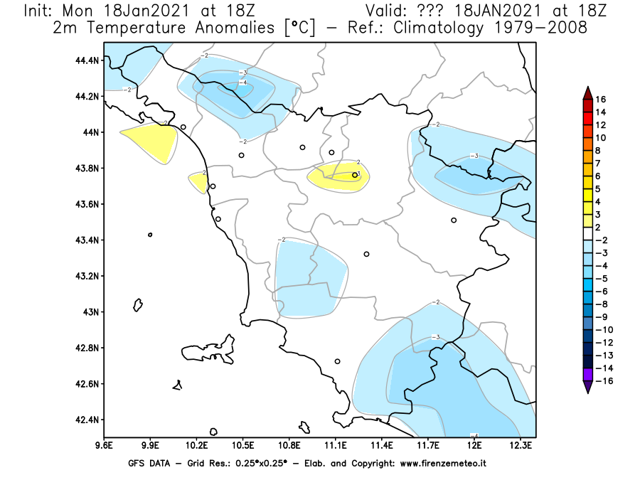 Mappa di analisi GFS - Anomalia Temperatura [°C] a 2 m in Toscana
									del 18/01/2021 18 <!--googleoff: index-->UTC<!--googleon: index-->
