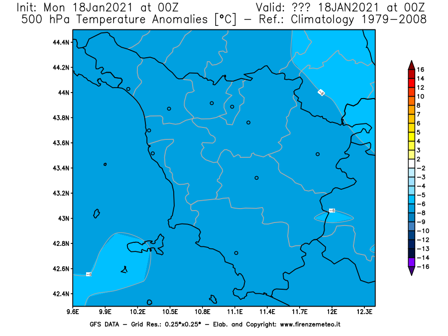 Mappa di analisi GFS - Anomalia Temperatura [°C] a 500 hPa in Toscana
									del 18/01/2021 00 <!--googleoff: index-->UTC<!--googleon: index-->