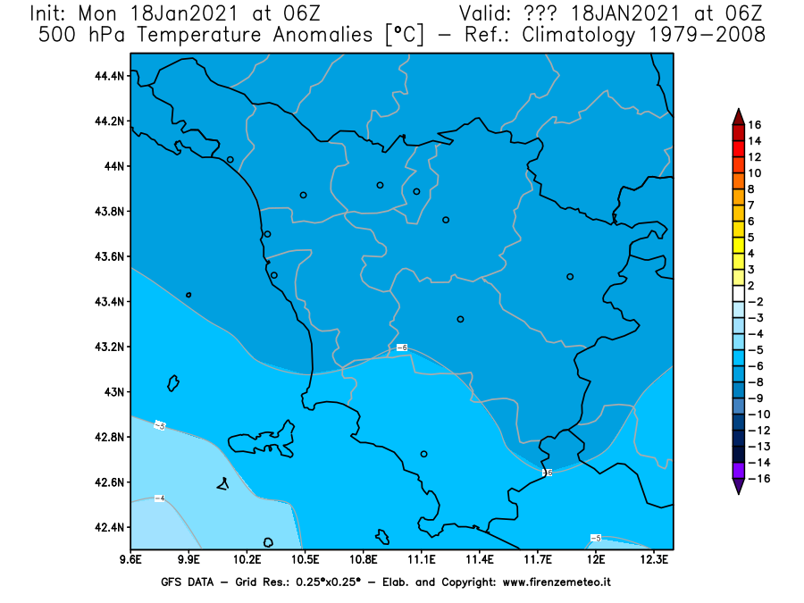 Mappa di analisi GFS - Anomalia Temperatura [°C] a 500 hPa in Toscana
									del 18/01/2021 06 <!--googleoff: index-->UTC<!--googleon: index-->