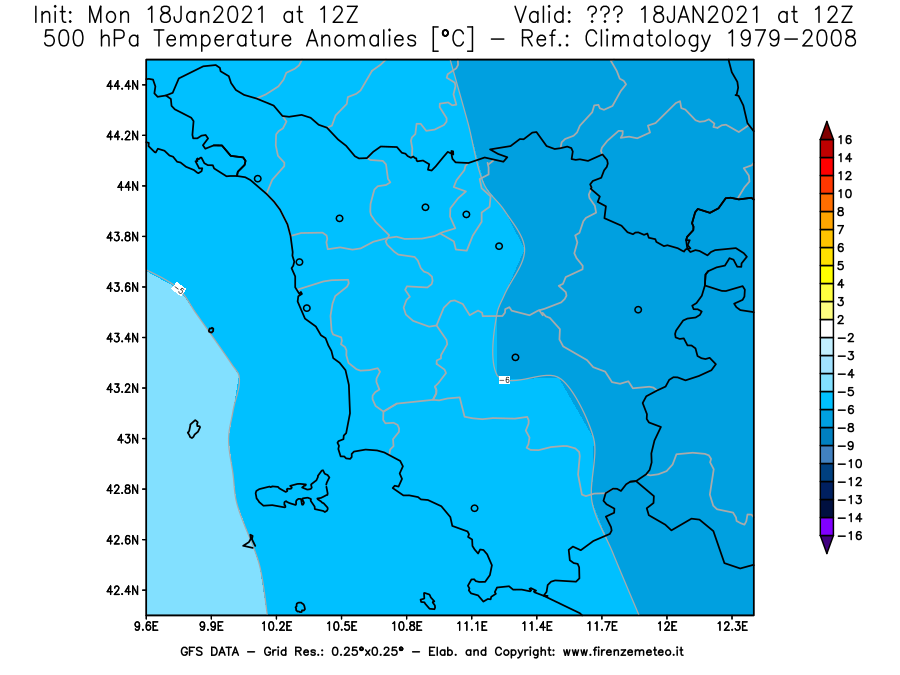 Mappa di analisi GFS - Anomalia Temperatura [°C] a 500 hPa in Toscana
									del 18/01/2021 12 <!--googleoff: index-->UTC<!--googleon: index-->