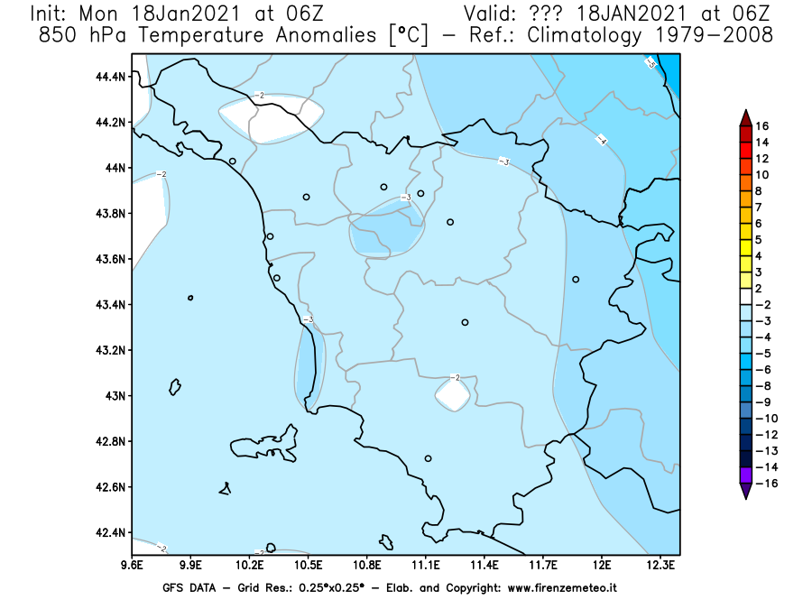 Mappa di analisi GFS - Anomalia Temperatura [°C] a 850 hPa in Toscana
									del 18/01/2021 06 <!--googleoff: index-->UTC<!--googleon: index-->