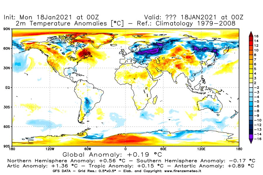 Mappa di analisi GFS - Anomalia Temperatura [°C] a 2 m in World
									del 18/01/2021 00 <!--googleoff: index-->UTC<!--googleon: index-->