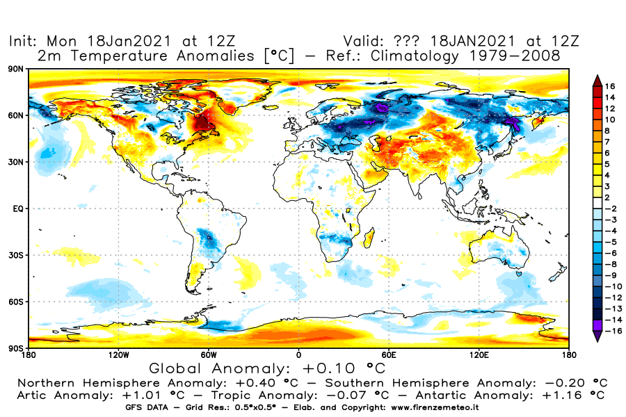 Mappa di analisi GFS - Anomalia Temperatura [°C] a 2 m in World
									del 18/01/2021 12 <!--googleoff: index-->UTC<!--googleon: index-->