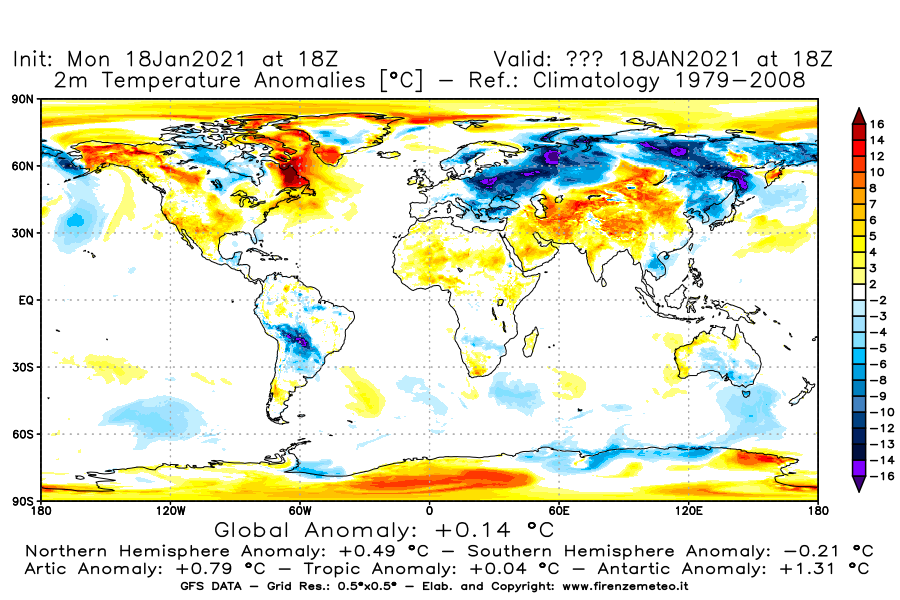 Mappa di analisi GFS - Anomalia Temperatura [°C] a 2 m in World
									del 18/01/2021 18 <!--googleoff: index-->UTC<!--googleon: index-->