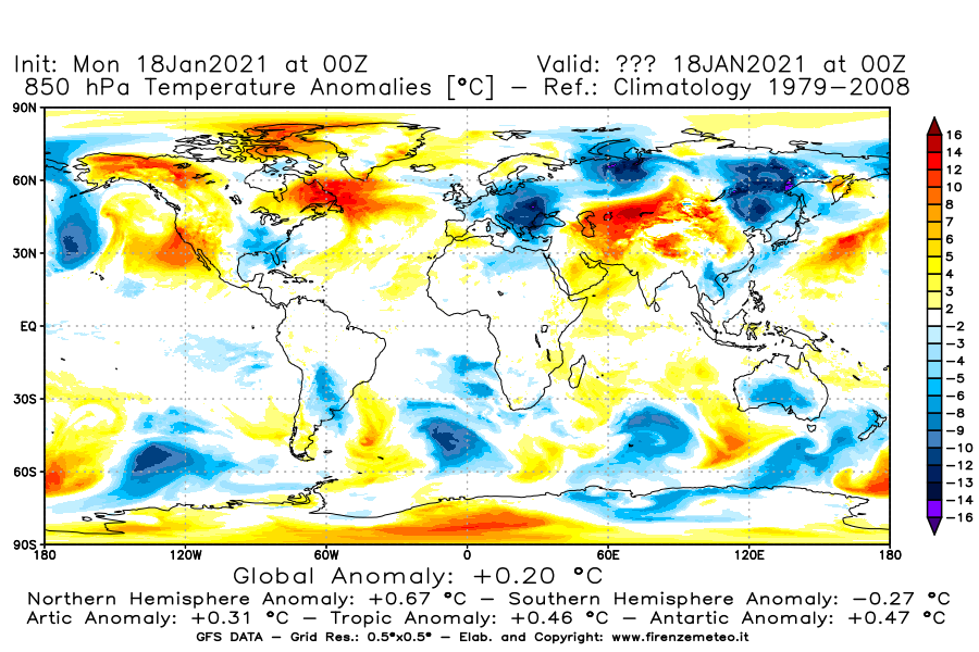 Mappa di analisi GFS - Anomalia Temperatura [°C] a 850 hPa in World
									del 18/01/2021 00 <!--googleoff: index-->UTC<!--googleon: index-->