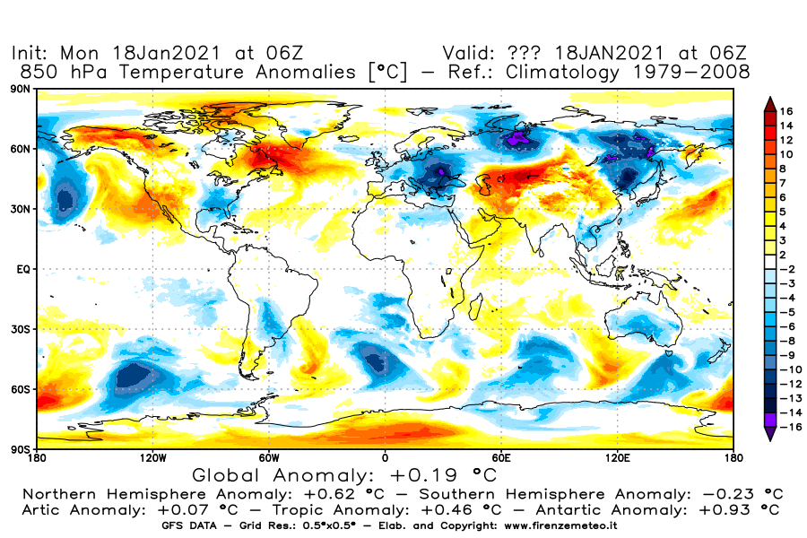 Mappa di analisi GFS - Anomalia Temperatura [°C] a 850 hPa in World
									del 18/01/2021 06 <!--googleoff: index-->UTC<!--googleon: index-->