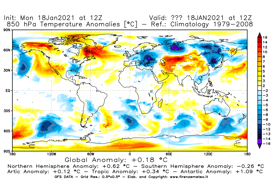 Mappa di analisi GFS - Anomalia Temperatura [°C] a 850 hPa in World
									del 18/01/2021 12 <!--googleoff: index-->UTC<!--googleon: index-->