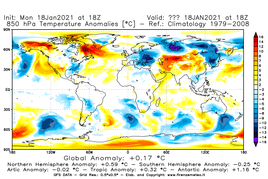 Mappa di analisi GFS - Anomalia Temperatura [°C] a 850 hPa in World
									del 18/01/2021 18 <!--googleoff: index-->UTC<!--googleon: index-->