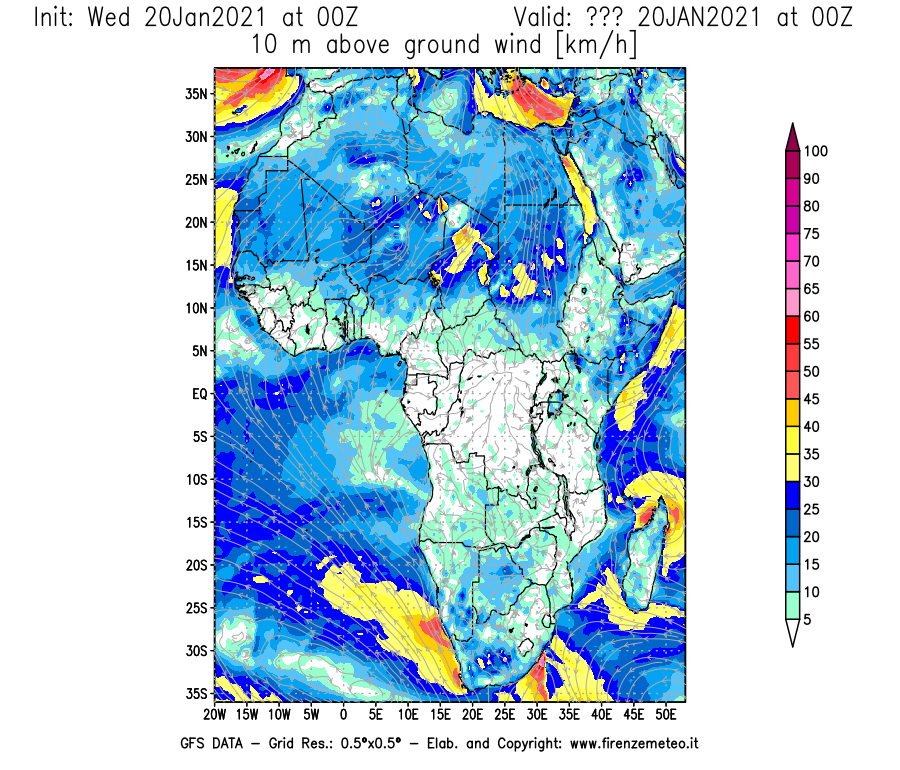 Mappa di analisi GFS - Velocità del vento a 10 metri dal suolo [km/h] in Africa
									del 20/01/2021 00 <!--googleoff: index-->UTC<!--googleon: index-->