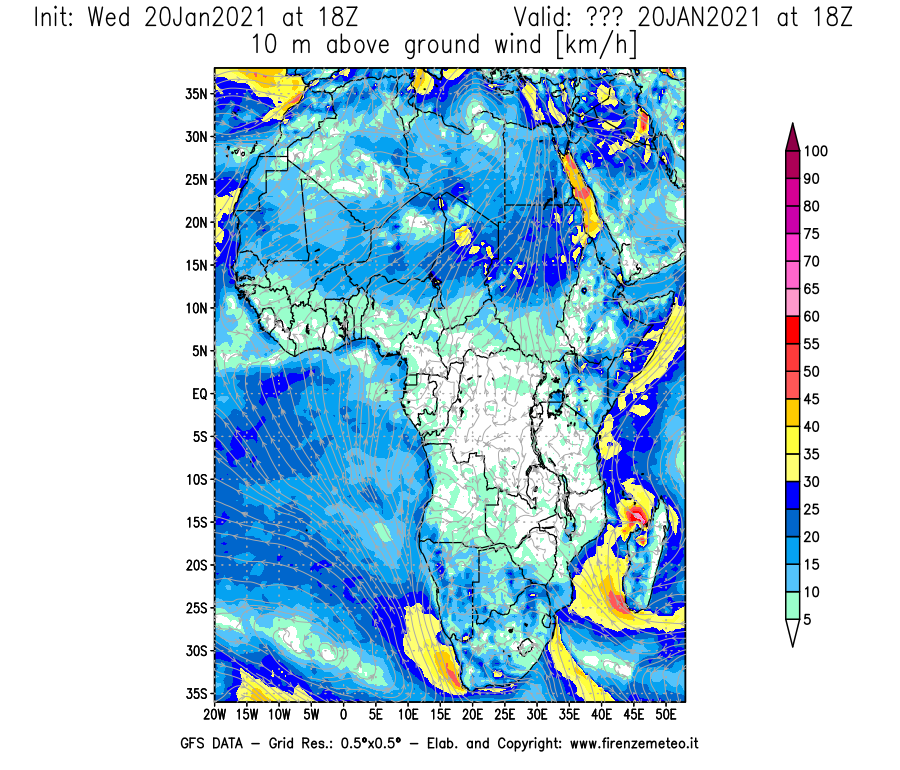 Mappa di analisi GFS - Velocità del vento a 10 metri dal suolo [km/h] in Africa
							del 20/01/2021 18 <!--googleoff: index-->UTC<!--googleon: index-->