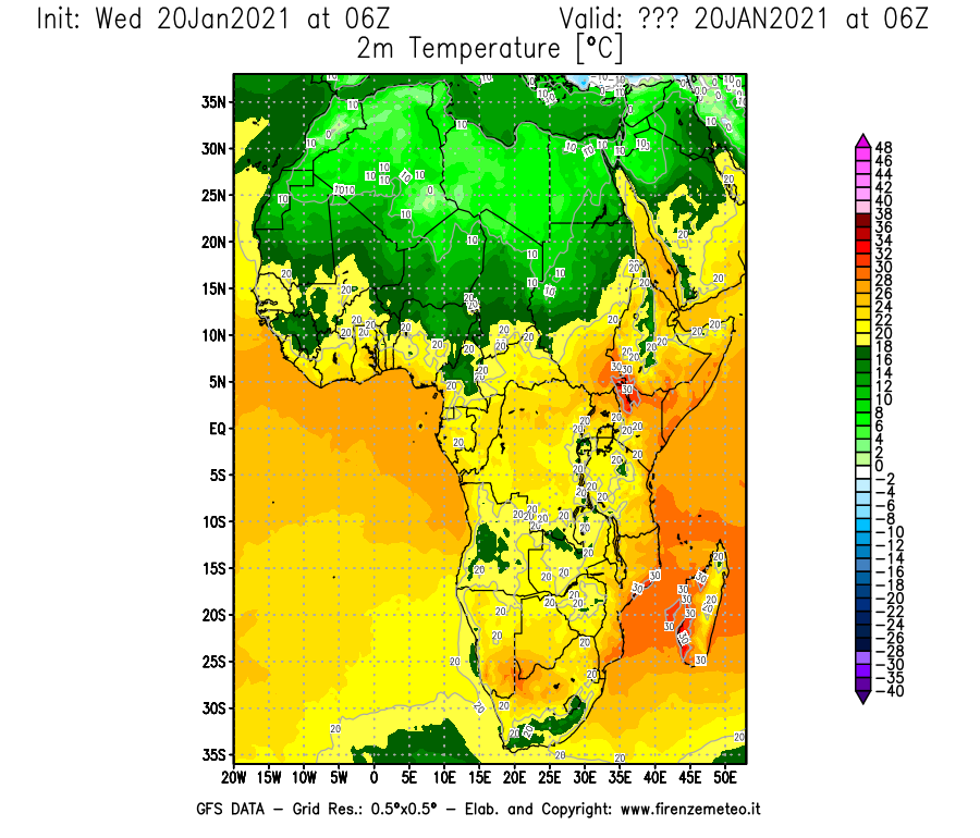 Mappa di analisi GFS - Temperatura a 2 metri dal suolo [°C] in Africa
									del 20/01/2021 06 <!--googleoff: index-->UTC<!--googleon: index-->