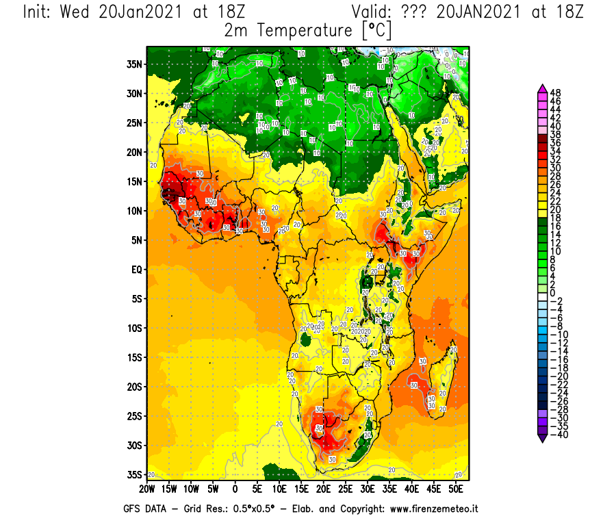 Mappa di analisi GFS - Temperatura a 2 metri dal suolo [°C] in Africa
							del 20/01/2021 18 <!--googleoff: index-->UTC<!--googleon: index-->