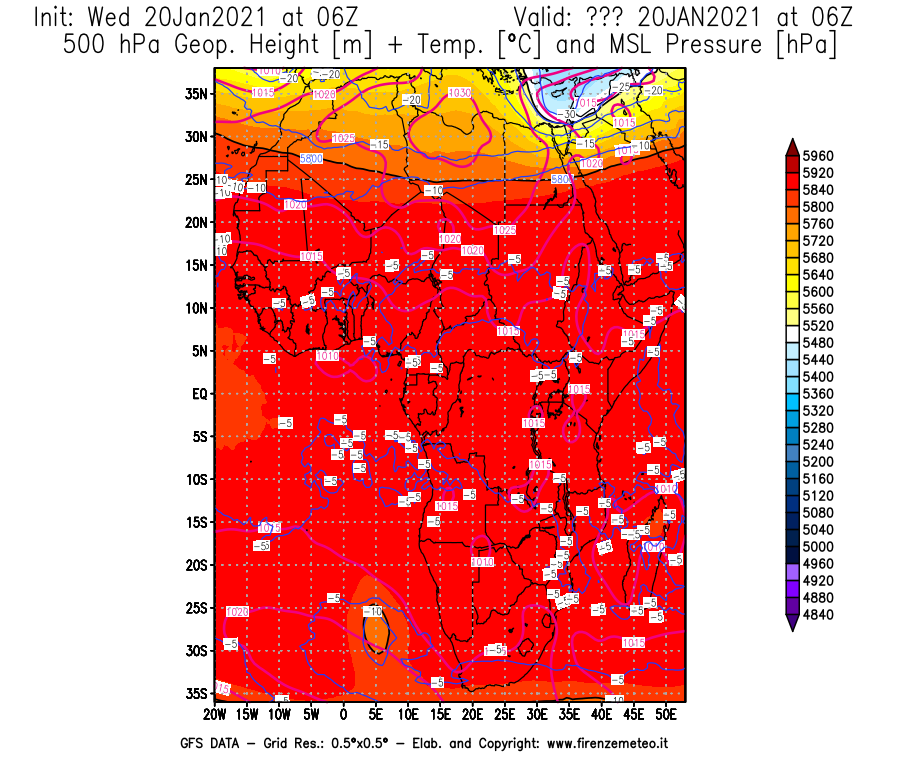 Mappa di analisi GFS - Geopotenziale [m] + Temp. [°C] a 500 hPa + Press. a livello del mare [hPa] in Africa
							del 20/01/2021 06 <!--googleoff: index-->UTC<!--googleon: index-->
