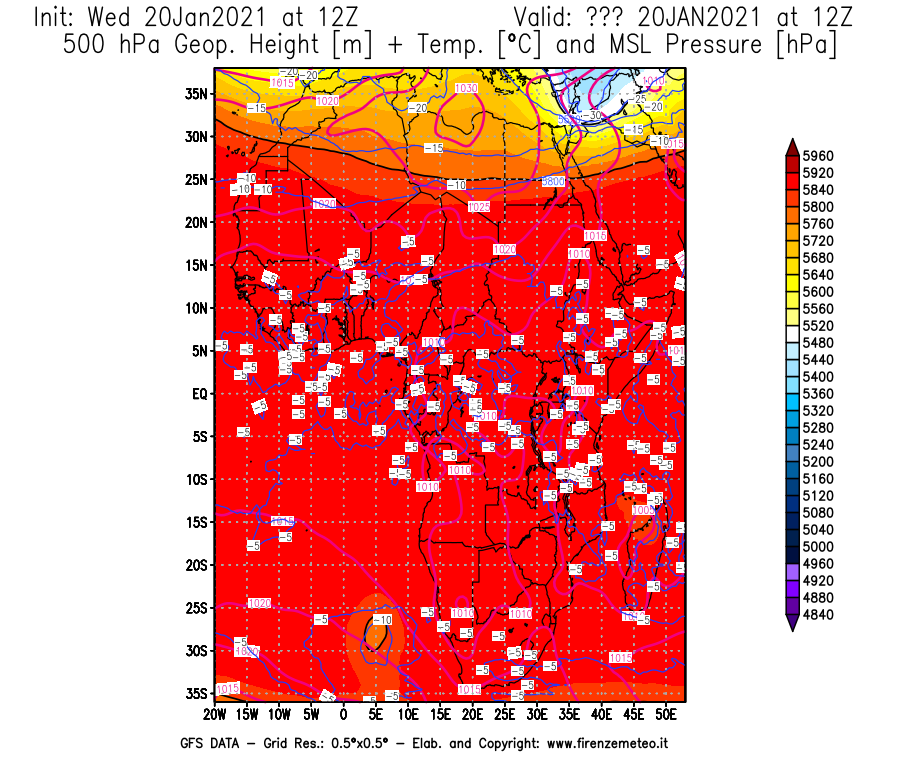 Mappa di analisi GFS - Geopotenziale [m] + Temp. [°C] a 500 hPa + Press. a livello del mare [hPa] in Africa
							del 20/01/2021 12 <!--googleoff: index-->UTC<!--googleon: index-->