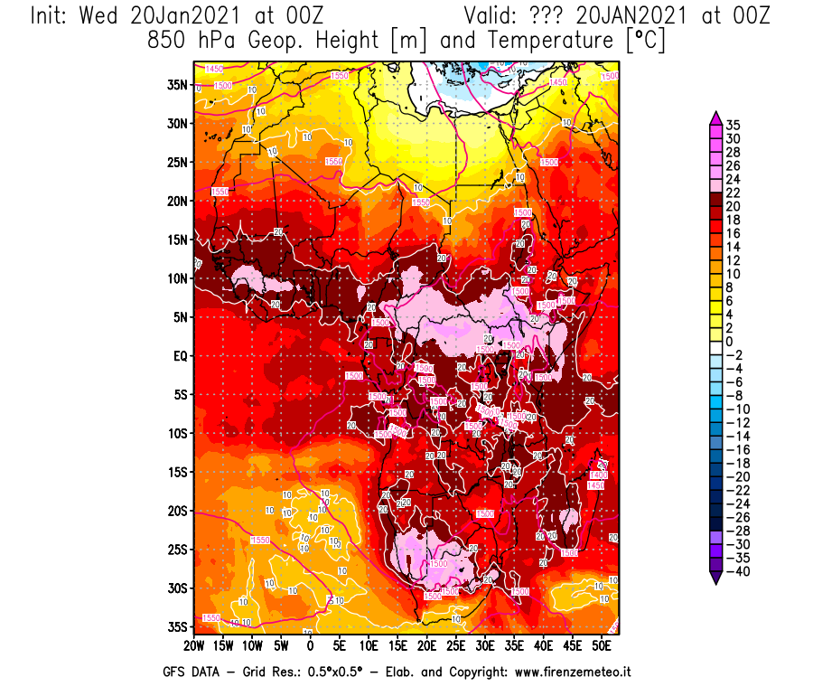 Mappa di analisi GFS - Geopotenziale [m] e Temperatura [°C] a 850 hPa in Africa
							del 20/01/2021 00 <!--googleoff: index-->UTC<!--googleon: index-->