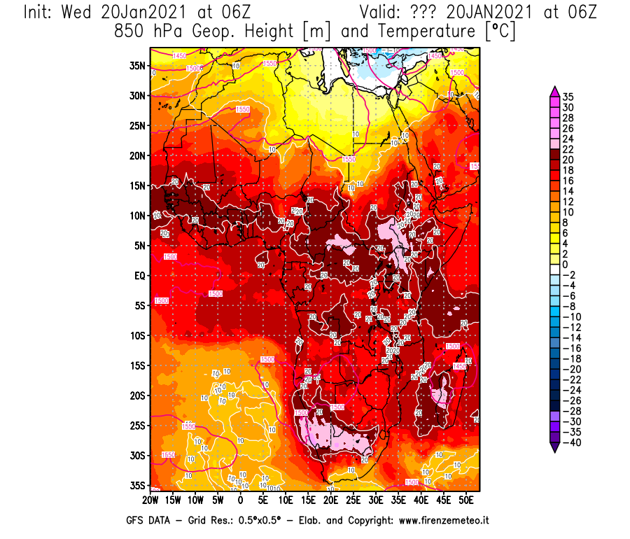 Mappa di analisi GFS - Geopotenziale [m] e Temperatura [°C] a 850 hPa in Africa
							del 20/01/2021 06 <!--googleoff: index-->UTC<!--googleon: index-->
