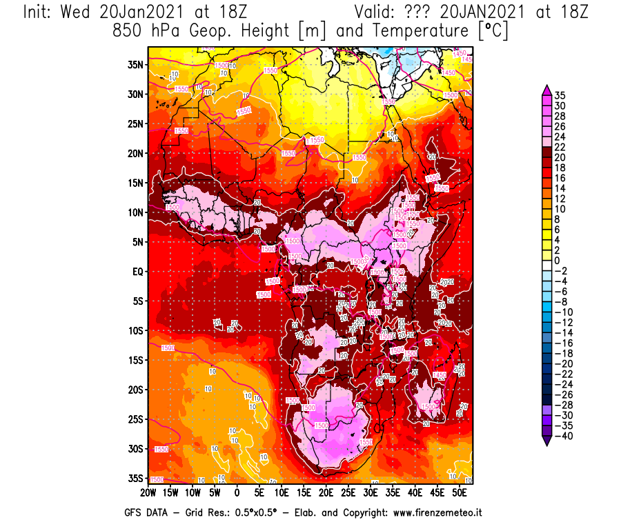 Mappa di analisi GFS - Geopotenziale [m] e Temperatura [°C] a 850 hPa in Africa
							del 20/01/2021 18 <!--googleoff: index-->UTC<!--googleon: index-->