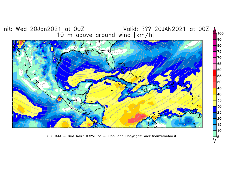 Mappa di analisi GFS - Velocità del vento a 10 metri dal suolo [km/h] in Centro-America
									del 20/01/2021 00 <!--googleoff: index-->UTC<!--googleon: index-->