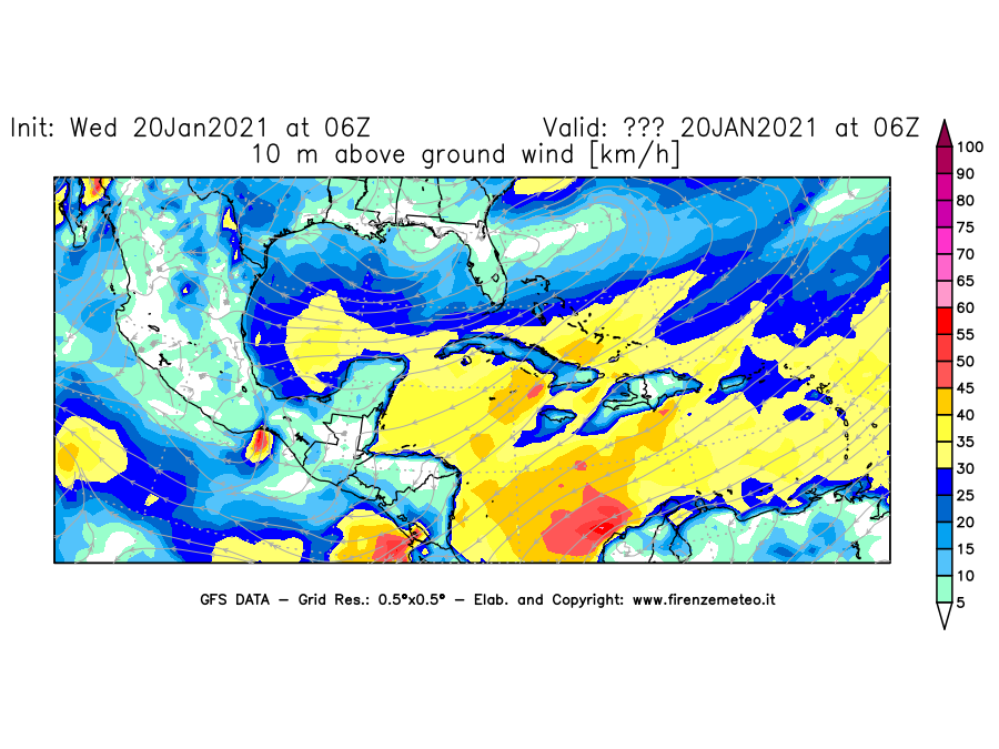Mappa di analisi GFS - Velocità del vento a 10 metri dal suolo [km/h] in Centro-America
									del 20/01/2021 06 <!--googleoff: index-->UTC<!--googleon: index-->