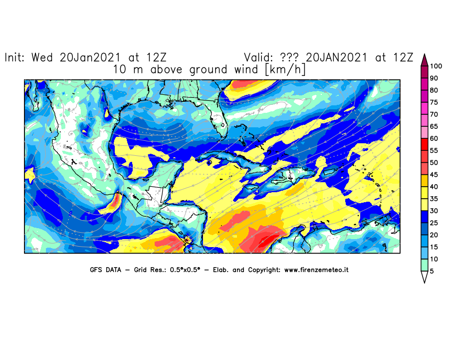 Mappa di analisi GFS - Velocità del vento a 10 metri dal suolo [km/h] in Centro-America
									del 20/01/2021 12 <!--googleoff: index-->UTC<!--googleon: index-->
